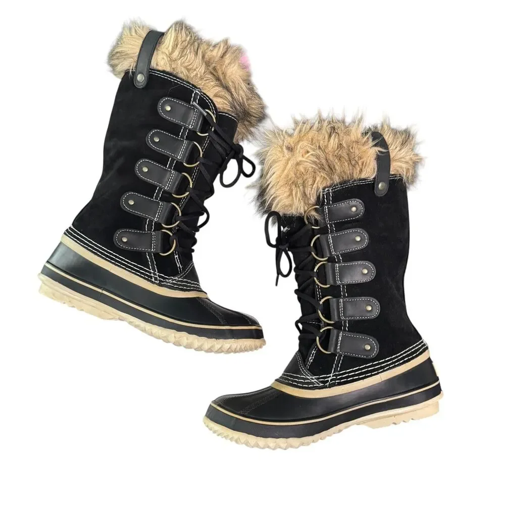 Sorel Joan Of Arctic Boots Womens Size 8 Black Suede Fur Waterproof Winter